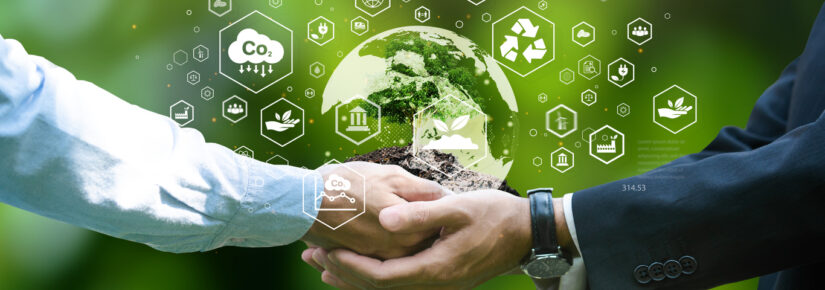 environment earth day In the hands of a businessman handing a planted tree ESG icon concept, environment, society and governance. Sustainable and ethical natural gas business energy networking on green background